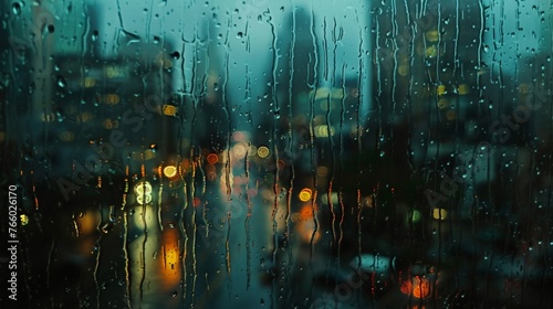 A slow-motion shot of rain cascading down a windowpane, blurring the image of a city skyline outside. (melancholic, dreamlike)