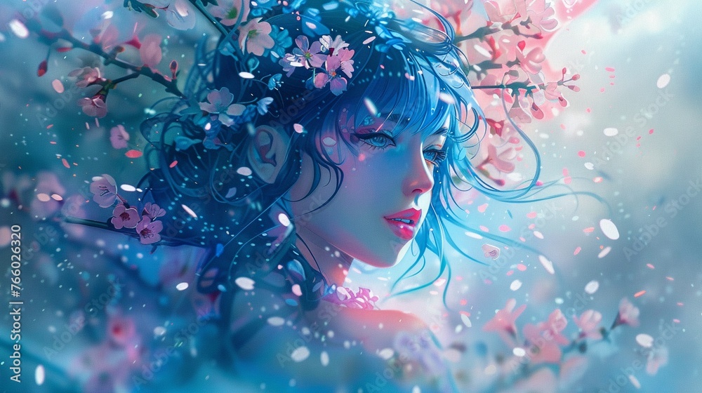 Ethereal anime girl with neon blue hair