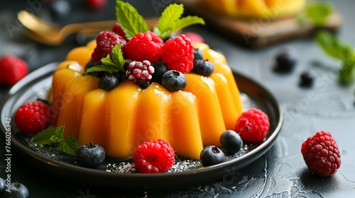 Cat-shaped mango pudding garnished with a crown of fresh berries and mint leaves