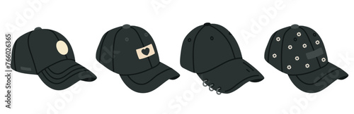 Black baseball caps. Textile sport headwear, unisex fashion accessories flat vector illustration set. Cotton sport caps on white
