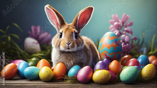 Happy Easter Bunny with many colorful easter eggs © Borneo