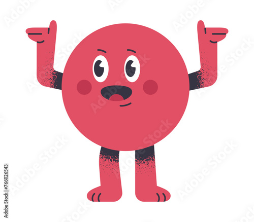 Geometric circle character. Cute comic mascot, funny circle geometric shape with amazement emotion flat vector illustration. Round mascot with funny face