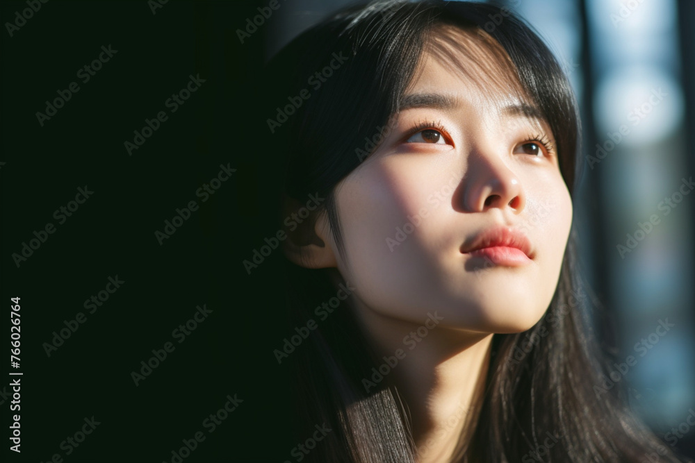 A portrait of a young calm Asian woman while she is daydreaming and looking away A portrait of a young calm Asian woman while she is daydreaming and looking away