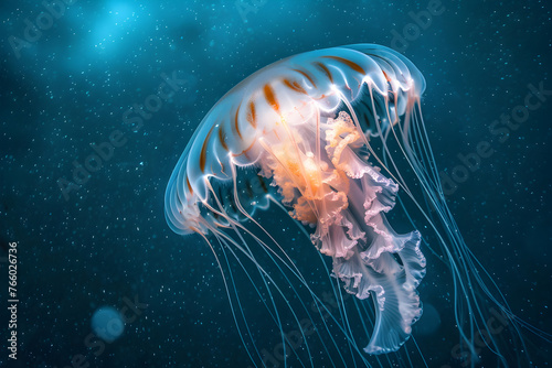 Majestic Journey of a Bioluminescent Jellyfish in the Deep Blue Ocean © Steven