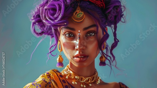 A South Asian woman with vibrant purple hair styled in Bantu knots, gazing confidently out at the viewer. Her clothing incorporates traditional Indian embroidery with a modern twist. photo