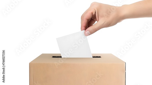 Hand placing a vote in a ballot box on a white background. Conceptual image for democracy and elections. Simple and clean design. AI