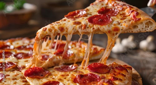 A crisp slice of pepperoni pizza being lifted, with cheese stretching