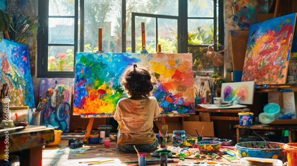 A child in a colorful, sunlit room, canvas in front, passionately painting, surrounded by a chaos of paints, brushes, and artwork, showcasing the uninhibited joy of artistic expression.
