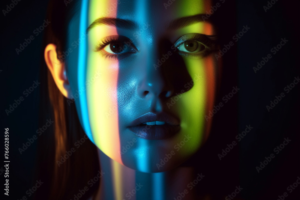 a woman with a striped rainbow light on her face looks into the camera. the mouth is closed by light, the concept of silence, loneliness and imagination a woman with a striped rainbow light on her face looks into the camera. the mouth is closed by light, the concept of silence, loneliness and imagination