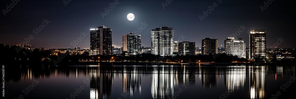 Night cityscape with full moon in the sky