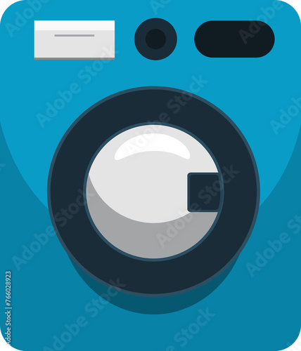 Blue washing machine with button. Suitable for laundry service website, household appliance blog, or cleaning product advertisement.