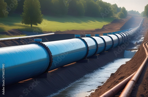 The oil pipeline is laid in a trench filled with water. laying an oil pipeline