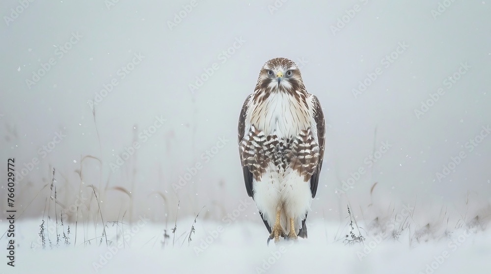 The image is a portrait of a long-legged buzzard, also known as Buteo rufinus, against a white, - obrazy, fototapety, plakaty 
