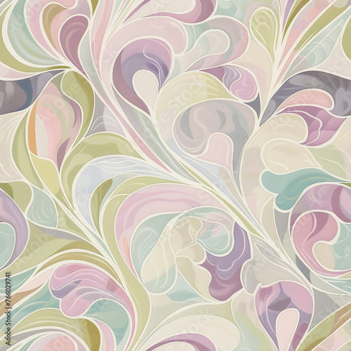 A colorful, abstract floral pattern with a mix of green and pink colors