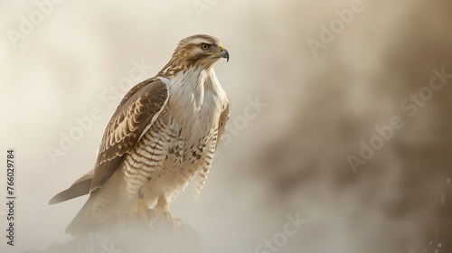 The image is a portrait of a long-legged buzzard, also known as Buteo rufinus, against a white,