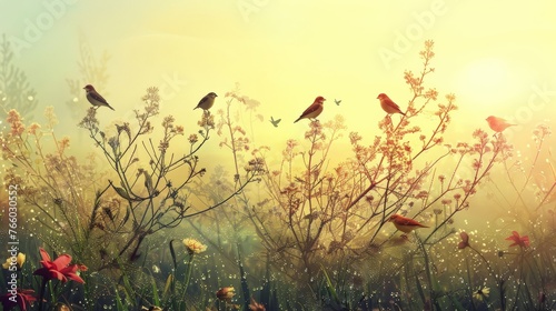 An idyllic scene of a dew-covered meadow at dawn, with songbirds perched and singing atop blossoming branches, welcoming the new day with their melodious chorus.