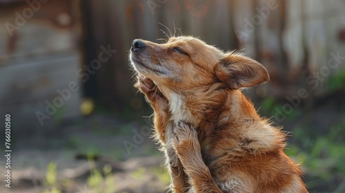brown dog scratching itself, self hygiene in wildlife of an abandoned bummer