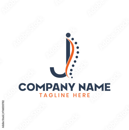 Initial letter J monogram alphabet with chiropractic spine logo. Spinal care icon