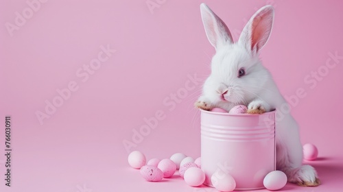 Creative minimal concept. Easter day. Little white baby rabbit bunny sitting in tin pink can with mini easter eggs isolated on pink background. view, mock up, copy space © buraratn