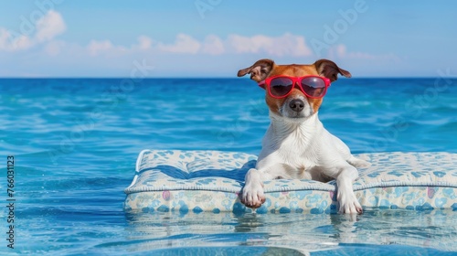 dog on a mattress in the ocean water at the beach, enjoying summer vacation holidays, wearing red sunglasses © buraratn