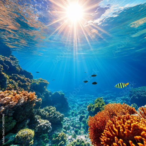 Underwater view of a tropical coral reef with fish and sunlight.