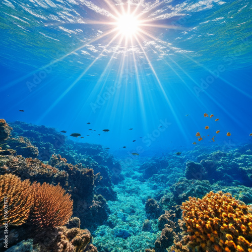 Underwater view of a tropical coral reef with fish and sunlight.