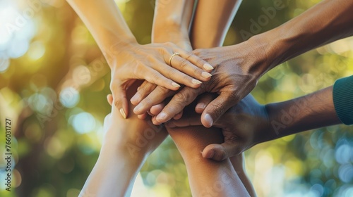 Panoramic Teamwork,empathy,partnership and Social connection in business join hand together concept.Hand of diverse people connecting.Power of volunteer charity work,Stack of people hand