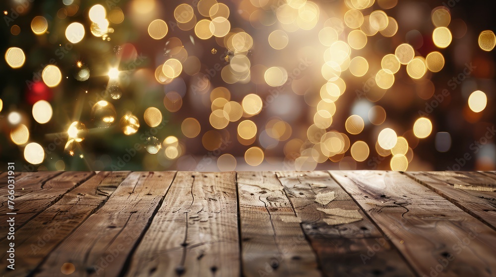 Selective Empty wooden table in front of abstract blurred festive light background with light spots and bokeh for product montage display of product. Selective Empty wooden table in front of abstract blurred festive light background with light spots and bokeh for product montage display of product.