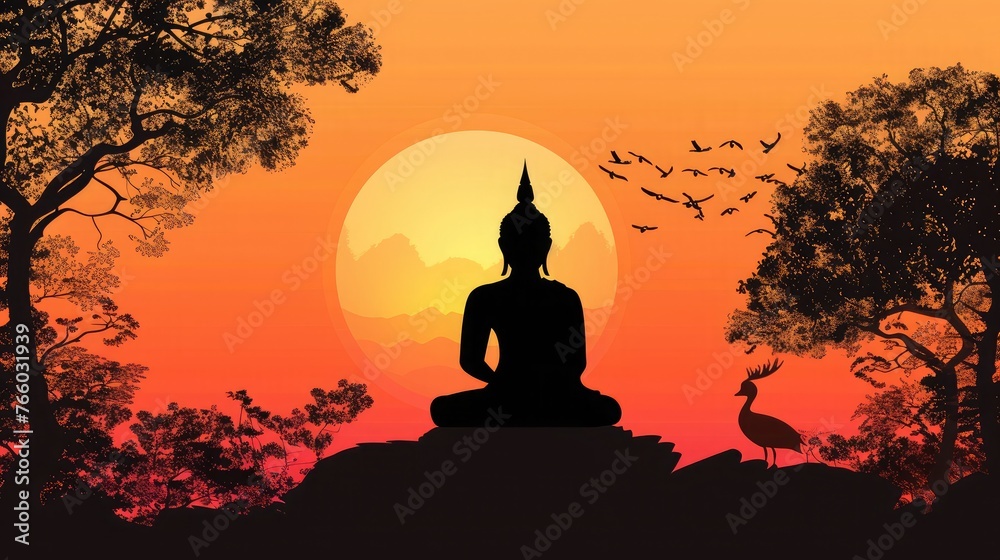 Silhouette of Buddha with sun shining from behind Silhouette of Buddha with sun shining from behind