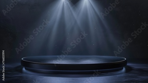 Round podium, pedestal or platform, illuminated by led spotlights. Bright podium. Advertising place. Blank product stand background for product presentation