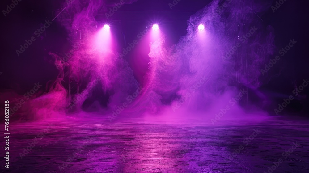The dark stage shows, purple background, an empty dark scene, neon light, spotlights The asphalt floor and studio room with smoke float up the interior texture for display product