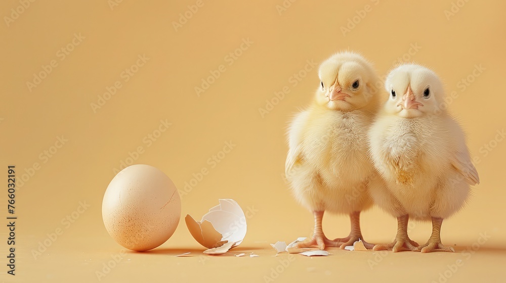 Two cute chicks and pieces of eggshell on beige background, closeup with space for text. Baby animals Two cute chicks and pieces of eggshell on beige background, closeup with space for text. Baby animals