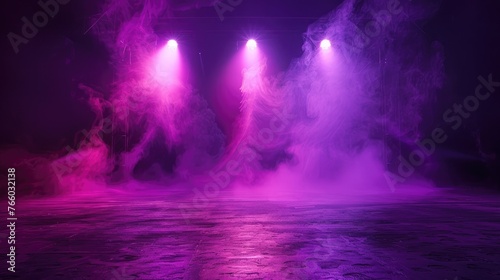 The dark stage shows, purple background, an empty dark scene, neon light, spotlights The asphalt floor and studio room with smoke float up the interior texture for display product © buraratn