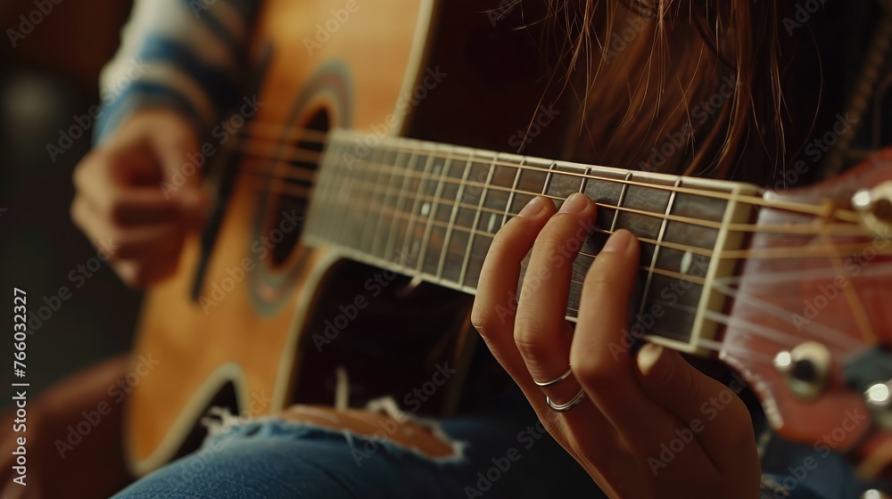 Obraz premium woman's hands playing acoustic guitar, close up