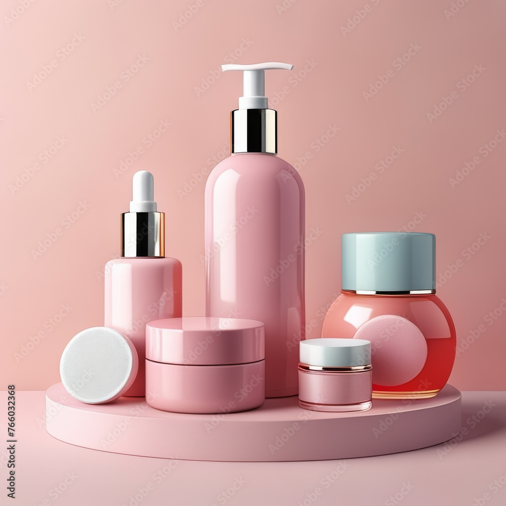 Cosmetic bottle containers on a pink background. 3d rendering. Cosmetic bottle containers on a pink background. 3d rendering.