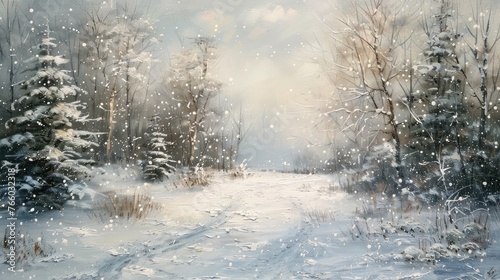 Winter landscape with falling snow