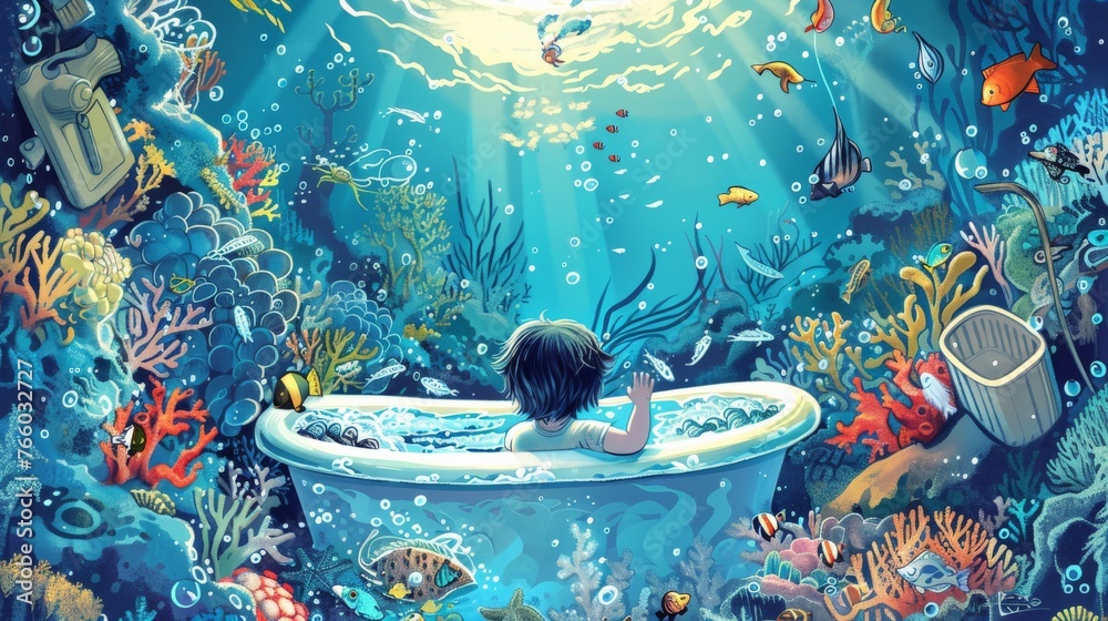 An illustration of a child in a bathtub, surrounded by toy boats and sea creatures, pretending to dive deep into an underwater world, exploring coral reefs and marine life with imaginative glee.