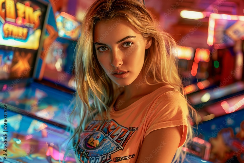 Young Woman Enjoying Night Out at Vibrant Arcade, Colorful Lights and Gaming Atmosphere Surrounding Young Woman Enjoying Night Out at Vibrant Arcade, Colorful Lights and Gaming Atmosphere Surrounding