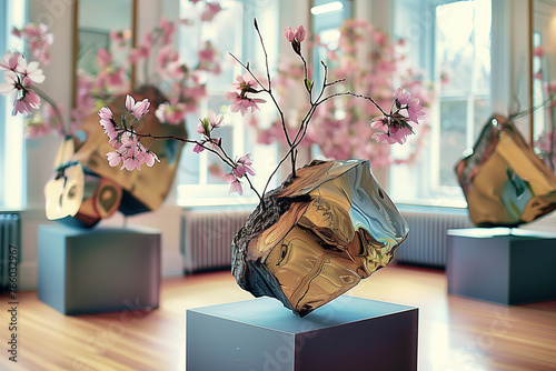 Cherry Blossom Abstract Metallic Scuplture on Pedastal in Gallery photo