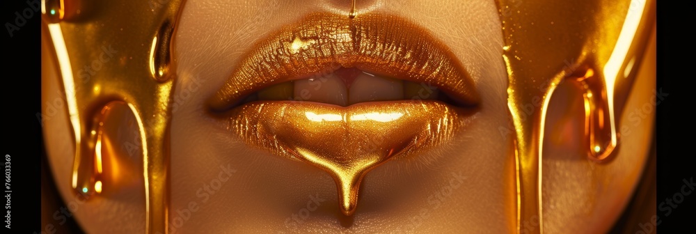 Golden paint smudges and drips on model s face with lip gloss and metallic skin makeup, copy space