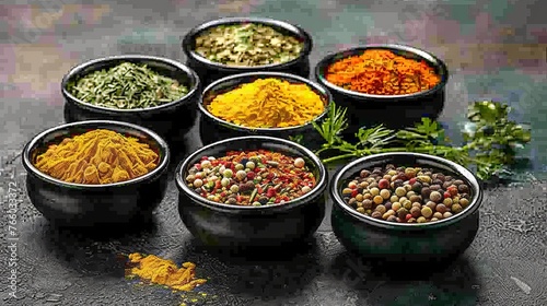 Fototapeta Naklejka Na Ścianę i Meble -  Artistic spice palette  array of spices in small bowls for creative culinary display