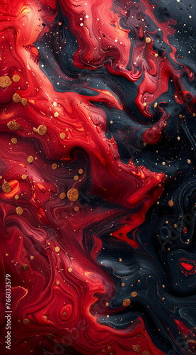 Abstract red liquid marble texture  dark background. AI generative