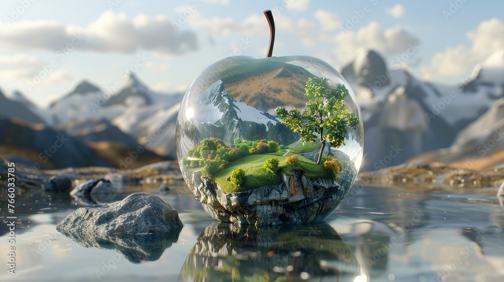 Design a 3D rendering illustrating a glass apple with nature