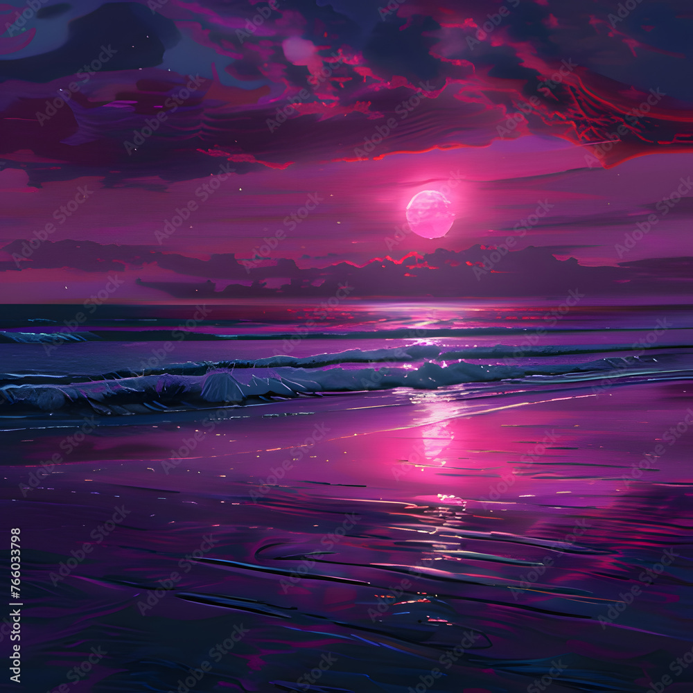 a rippling beach with the red moon rising. Generative AI