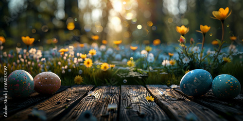 Easter eggs on wooden table outdoors near flowers, in the style of sunrays shine upon it, vibrant and lively hues, atmospheric woodland imager