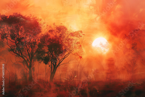 Heat Fire Trees Field Sun Smoke Fog Orange Red Monochrome Intense
