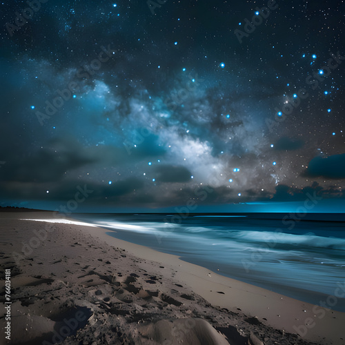 a beach with waves under a starry sky. Generative AI © HUIWON