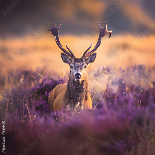 There is a deer with big horns where the purple grass grew. Generative AI
