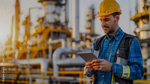 Middle eastern engineer monitors oil refinery with tablet near storage tanks and piping under sun photo