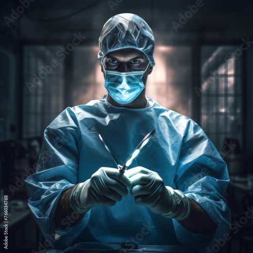 The dangerous doctor wore a mask and held a scalpel in his hand, focusing on the operation